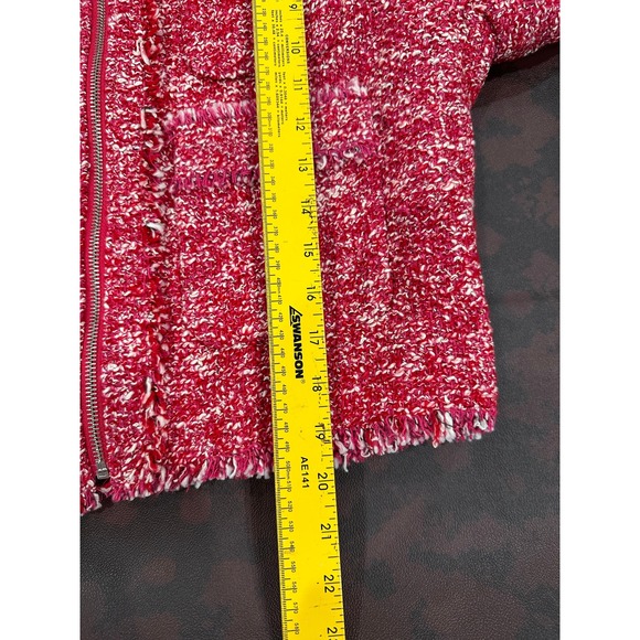 MNG Mango Womens Red White Zip Up Tweed Jacket Raw Fringe Trim Size L - Picture 11 of 11